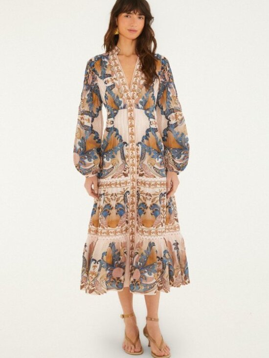 FARM Rio Dresses & Skirts - *NEW* Farm Rio Sea Garden Midi Dress Sz XS Pink Blue Gold Cream
